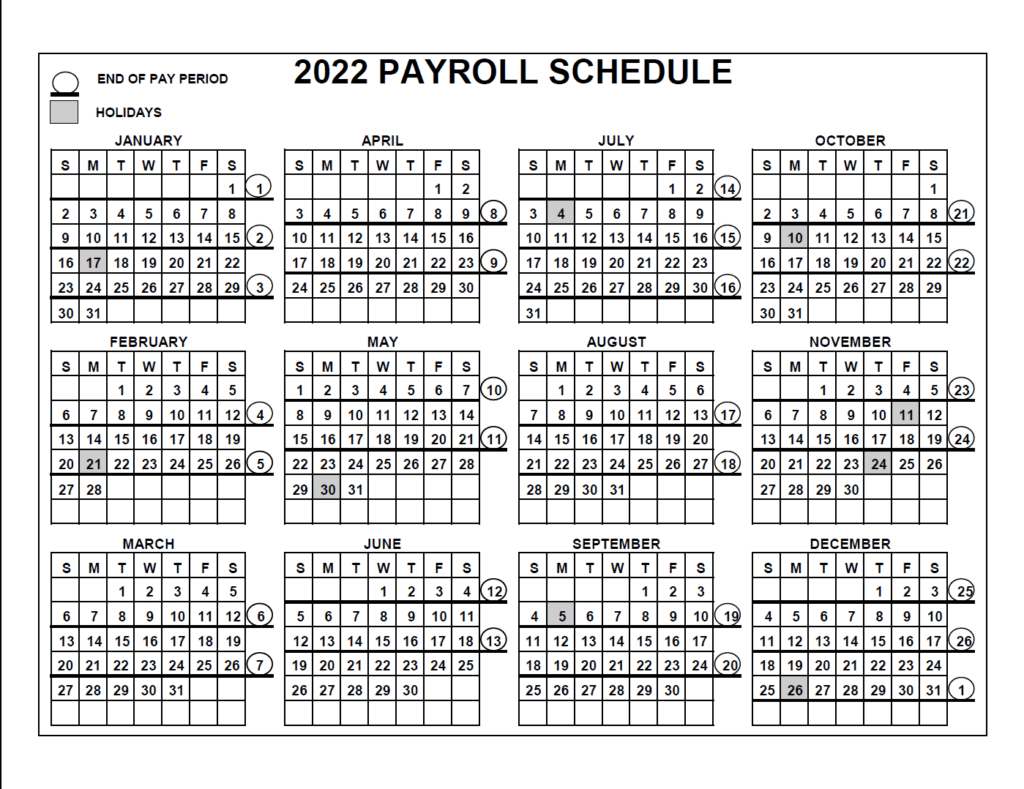 DOI Payroll Calendar 2022