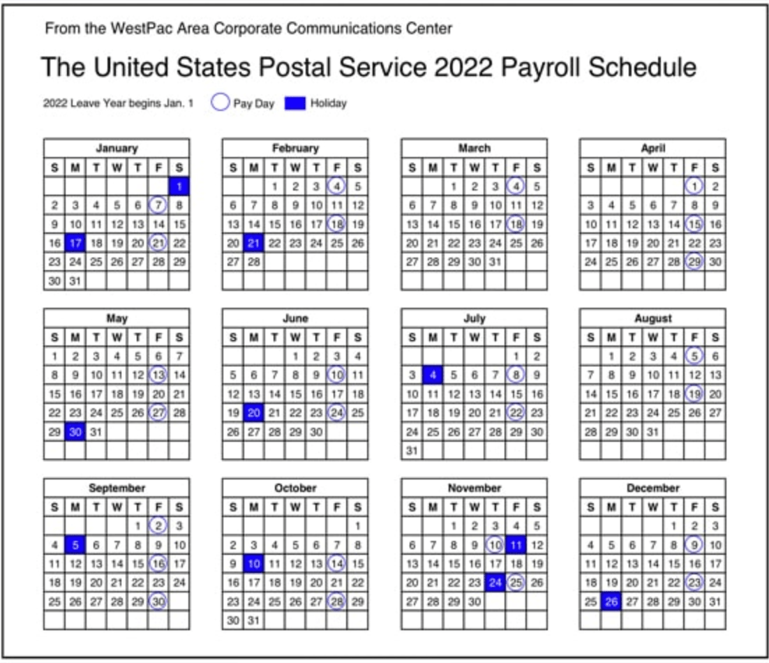 USPS Payroll Calendar 2022