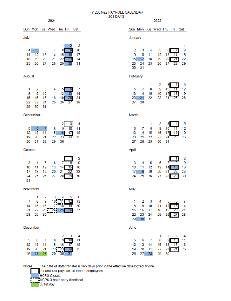HCPS Payroll Calendar 2022