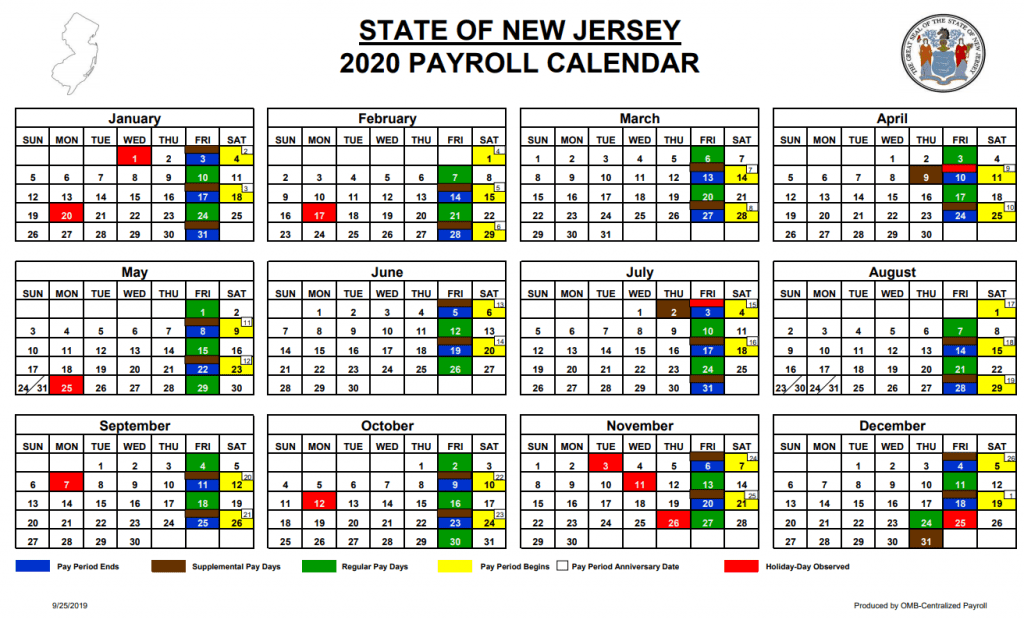 State of New Jersey Payroll Calendar 2020