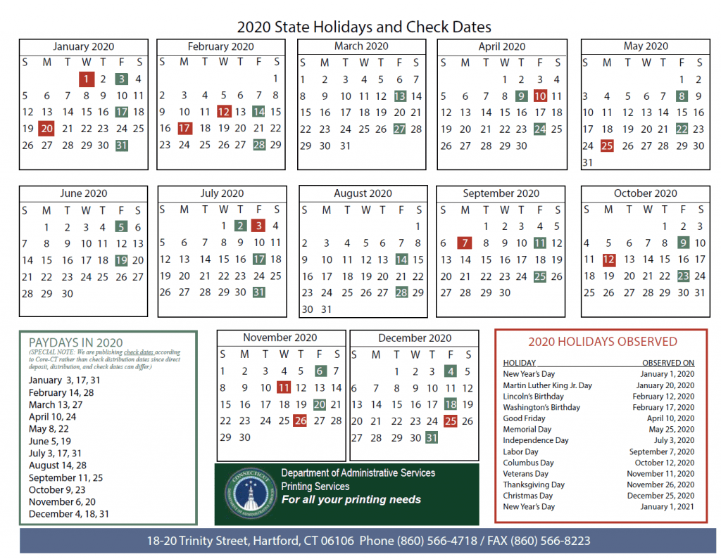 State of Connecticut Payroll Calendar 2020 2022