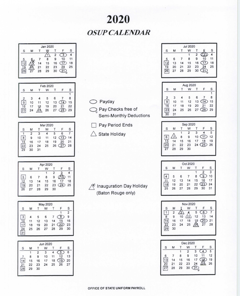 State of Louisiana Payroll Calendar 2020.