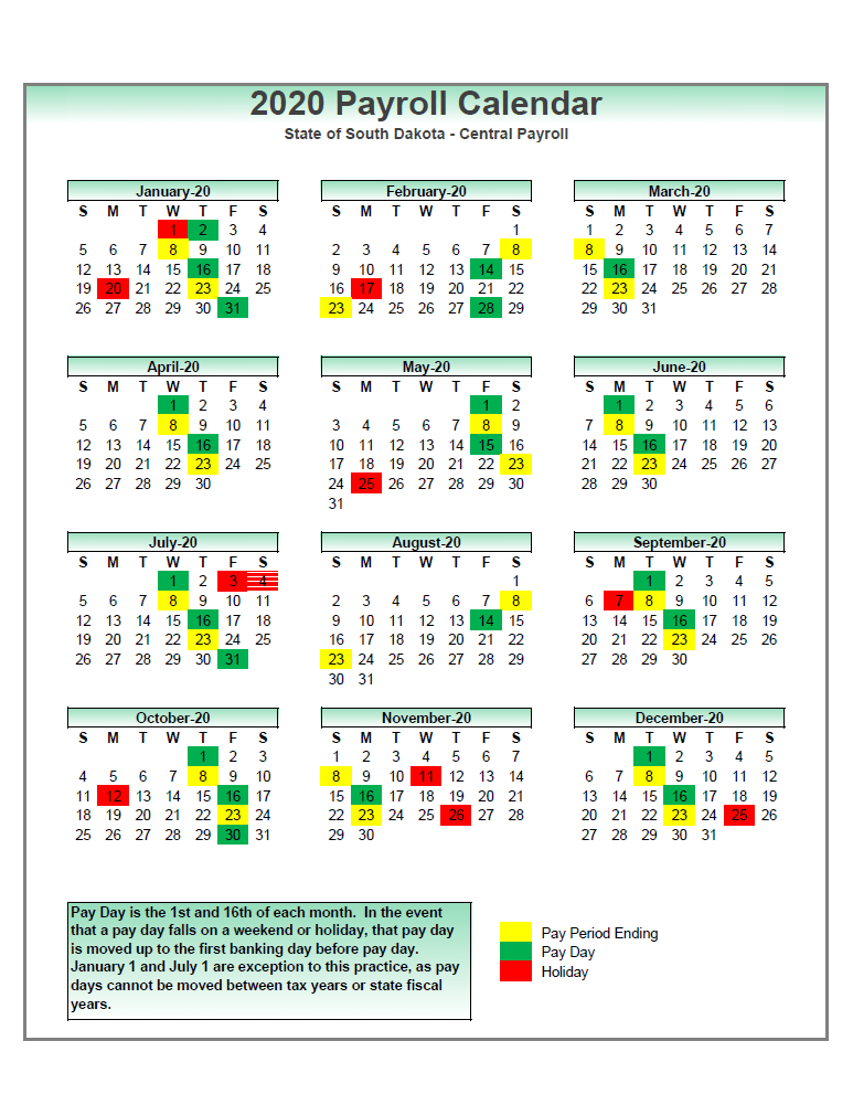 State of South Dakota Payroll Calendar 2022