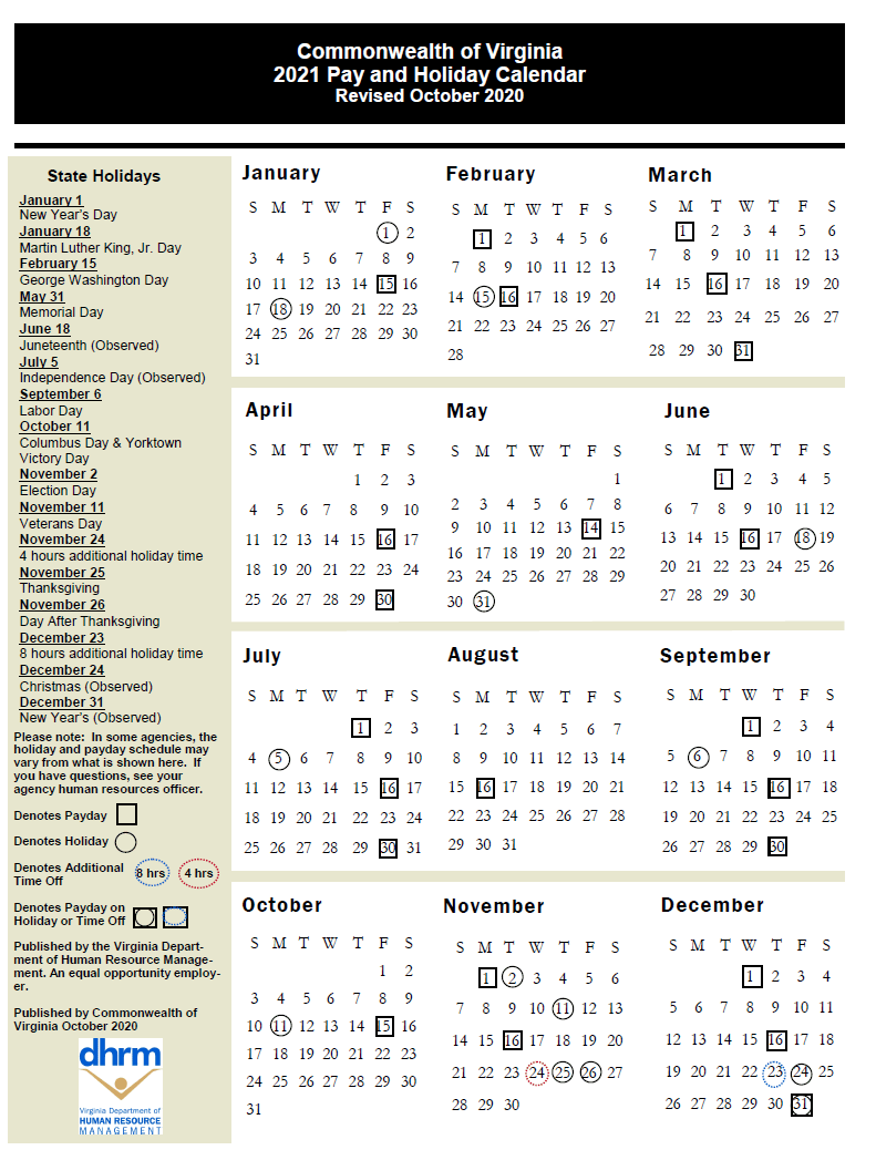 State Of Virginia Payroll Calendar 2021 | Payroll Calendar