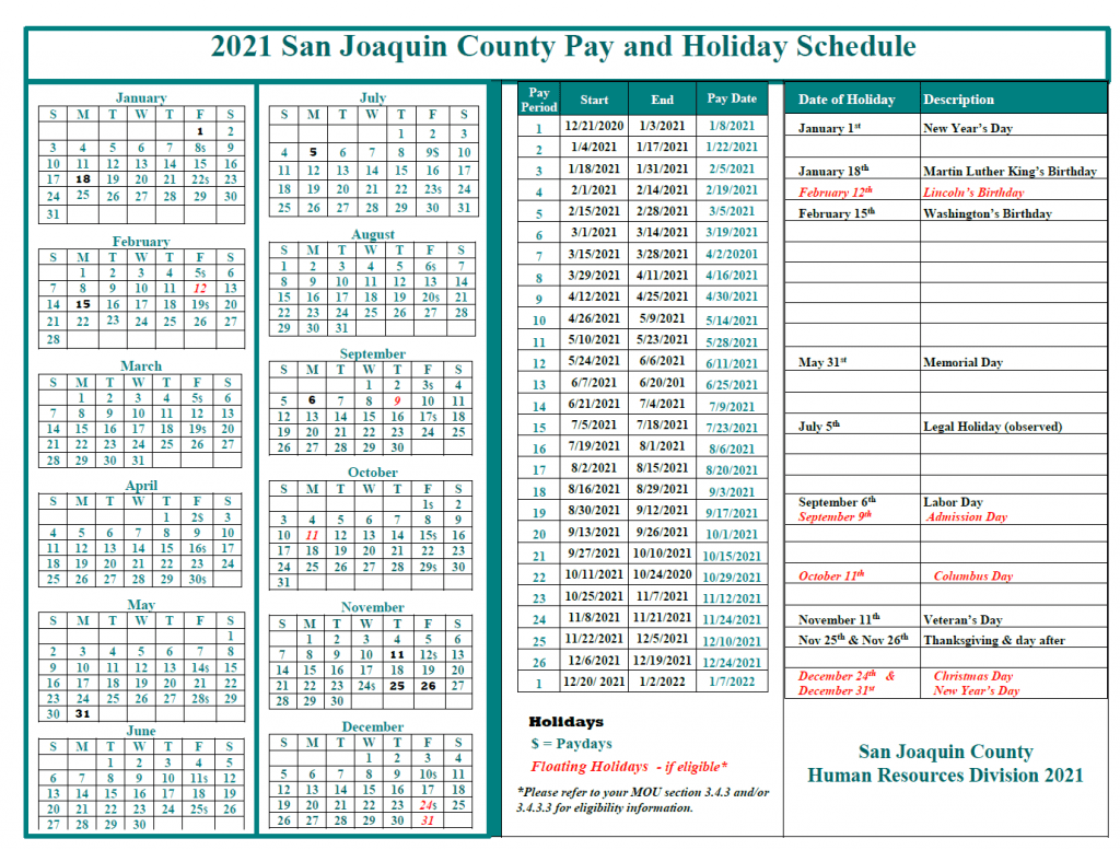 County of San Joaquin Payroll Calendar 2022