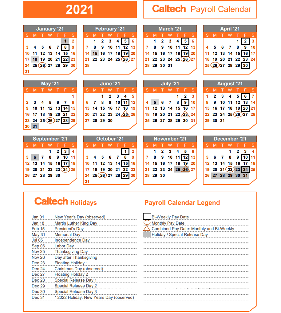 Caltech Payroll Calendar 2022